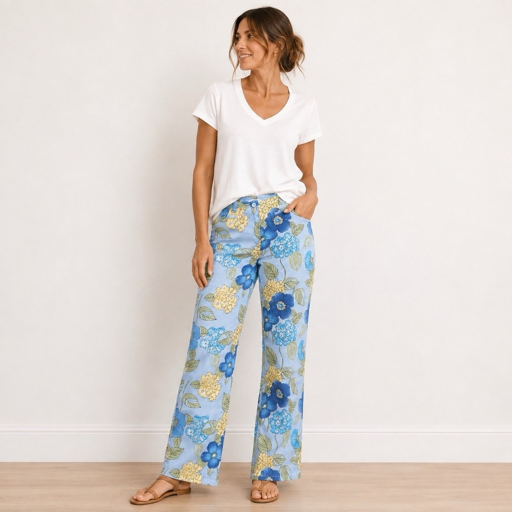 Talbots Pants Size 2 Petite Blue Floral Mid Rise Straight Stretch Summer Boho